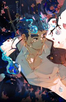 blue_hair cherry_blossoms commentary falling_petals hashtag-only_commentary jacket jacket_on_shoulders kiekoio looking_at_another petals sakimori_toji scar scar_on_face sideburns spiked_hair sword symbol-only_commentary tokyo_houkago_summoners weapon