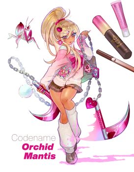Rule 34 | 1girl, absurdres, bag, blonde hair, blood, blood on clothes, bloody weapon, botjira, bow, brown skirt, candy, cardigan, commentary, cosmetics, cute weapon, dark-skinned female, dark skin, ear piercing, earrings, english text, fingernails, flower earrings, food, gyaru, hair bow, hair ornament, hair scrunchie, hairclip, highres, hime gyaru, holding, holding weapon, jewelry, kusarigama, leg warmers, lipgloss, loafers, lollipop, long eyelashes, long fingernails, long hair, looking at viewer, miniskirt, mole, mole on cheek, motion blur, multicolored nails, nail polish bottle, orchid mantis, original, piercing, pink blood, pink bow, pink cardigan, pink eyes, pink scrunchie, pleated skirt, ponytail, school bag, scrunchie, shirt, shoes, sickle, simple background, skirt, solo, symbol-only commentary, weapon, white background, white leg warmers