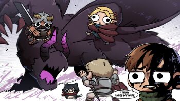 :3 battle character_name character_request chibi chilchuck_tims claw_pose dungeon_meshi highres human_head invincible_(series) izutsumi laios&#039;_intimidation laios_touden marcille_donato miyan_(oceanmaiden) monster monster_hunter_(series) monster_hunter_wilds partially_shaded_face senshi_(dungeon_meshi) sword wall-eyed weapon