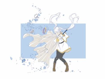 Rule 34 | 1girl, belt, black belt, black pantyhose, blue background, blue flower, blue petals, boots, border, bracelet, brown boots, capelet, cloak, closed eyes, earrings, elf, falling petals, floating hair, flower, forget-me-not (flower), full body, gold trim, head wreath removed, holding, holding cloak, holding sword, holding weapon, jacket, jewelry, long hair, pantyhose, parted bangs, petals, pointy ears, skirt, solo, somei2929, sousou no frieren, sword, tears, thick eyebrows, twintails, weapon, white border, white capelet, white cloak, white hair, white jacket, white skirt