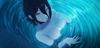 1girl absurdres ammak black_hair breasts chainsaw_man cleavage commentary_request completely_nude from_above green_eyes highres large_breasts looking_at_viewer nude partially_submerged reze_(chainsaw_man) short_hair smile solo water wet