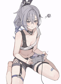 1girl bandaid bandaid_on_leg barefoot black_shorts breasts coa_(35_seno) commentary controller drill_hair game_controller grey_eyes grey_hair highres holding holding_controller holding_game_controller honkai:_star_rail honkai_(series) long_hair midriff navel playing_games playing_video_games short_shorts shorts silver_wolf_(honkai:_star_rail) simple_background sitting small_breasts solo squiggle tank_top thighs wariza white_background white_tank_top