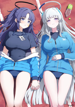 2girls black_halo blue_archive blue_buruma bottle buruma drone fuente gym_shirt gym_uniform halo headgear highres holding_hands id_card interlocked_fingers jacket jacket_partially_removed lanyard long_hair looking_at_viewer lying mechanical_halo multiple_girls noa_(blue_archive) official_alternate_costume on_back partially_unzipped purple_eyes purple_hair shirt star_(symbol) star_sticker sticker sticker_on_face track_jacket water_bottle white_hair white_halo yuuka_(blue_archive) yuuka_(track)_(blue_archive)