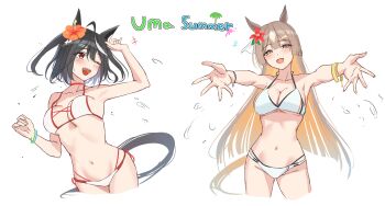 2girls absurdres animal_ears armpits bikini black_hair blush breasts brown_eyes brown_hair cleavage commentary english_commentary flower hair_between_eyes hair_flower hair_ornament highres horse_ears horse_girl horse_tail kimchi_(user_mpzz8457) kitasan_black_(umamusume) large_breasts long_hair looking_at_viewer looking_to_the_side multiple_girls navel one_eye_closed open_mouth orange_flower reaching reaching_towards_viewer red_eyes red_flower satono_diamond_(umamusume) short_hair sidelocks stomach swimsuit tail two_side_up umamusume white_bikini