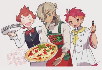3boys apron arm_up arven_(holiday_2025)_(pokemon) arven_(pokemon) black_vest blush_stickers bottle bow bowtie brown_eyes brown_hair chef chili_(pokemon) coat collared_shirt commentary_request crispin_(pokemon) cropped_torso food highres holding holding_bottle holding_plate konoooc long_sleeves looking_to_the_side male_focus multicolored_hair multiple_boys neckerchief nintendo official_alternate_costume open_mouth orange_hair pizza plate pokemon pokemon_bw pokemon_masters_ex pokemon_sv red_bow red_bowtie red_hair scovillain shirt sideways_glance sleeve_cuffs smile teeth thick_eyebrows tongue triangle_mouth turtleneck vest waiter watermark white_background white_coat white_shirt yellow_neckerchief