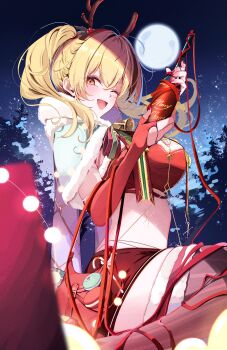 1girl absurdres antlers bell blonde_hair bottle breasts commentary_request crop_top elbow_gloves fake_antlers fenny_golden full_moon fur_trim gloves highres holding holding_bottle horns jingle_bell komupi large_breasts long_hair looking_at_viewer midriff moon official_alternate_costume open_mouth outdoors red_shirt reindeer_antlers shirt sky snowbreak:_containment_zone solo star_(sky) starry_sky twintails yellow_eyes