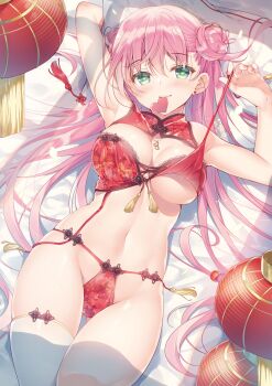1girl armpits arms_up bare_arms bare_shoulders bed_sheet bra breasts cleavage double_bun garter_straps green_eyes hair_bun heart heart-shaped_pupils highres lantern large_breasts lingerie long_hair looking_at_viewer lying miwabe_sakura mouth_hold navel on_back on_bed original panties paper_lantern pink_hair red_bra red_panties single_thighhigh skindentation smile solo stomach strap_pull string_panties symbol-shaped_pupils tassel thigh_gap thighhighs thighs underwear underwear_only very_long_hair white_thighhighs