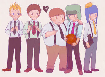 5boys artist_request ball basketball_(object) black_hair blonde_hair brown_hair butters_stotch character_request clyde_donovan craig_tucker eric_theodore_cartman formal_clothes holding holding_ball kyle_broflovski male_focus money multiple_boys red_hair south_park suit