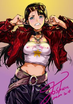 1girl 2020 artist_name asymmetrical_bangs belt black_choker black_hair blue_eyes brown_belt choker clothes_writing commentary dated eizouken_ni_wa_te_wo_dasu_na! eyewear_on_head gradient_background grimace holding_earrings jacket jewelry joshua_(tubie) kanamori_sayaka long_hair midriff necklace open_clothes open_jacket red_jacket skull_necklace solo star_(symbol) star_print