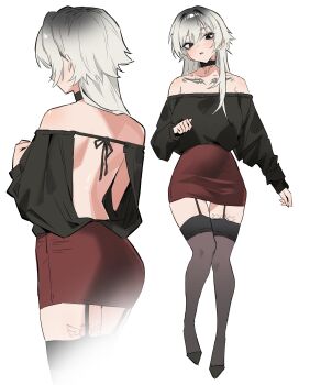 1girl absurdres bare_back bare_shoulders black_choker black_eyes black_hair black_shirt black_thighhighs chest_tattoo choker collarbone commentary english_commentary from_behind full_body gradient_hair highres jyuri_(shouz) leg_tattoo long_hair looking_at_viewer miniskirt multicolored_hair multiple_views off-shoulder_shirt off_shoulder original pencil_skirt red_skirt shirt shouz simple_background skirt tattoo thigh_strap thighhighs white_background white_hair