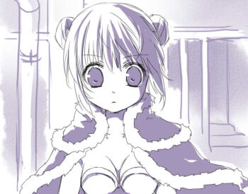 1girl breasts cape commentary_request double_bun fur-trimmed_cape fur_trim greyscale hair_bun haruno_ichigo high_wizard_(ragnarok_online) industrial_pipe looking_at_viewer medium_breasts monochrome open_mouth ragnarok_online short_hair solo triangle_mouth upper_body