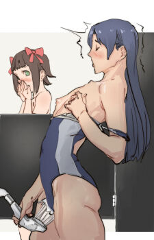 2girls amami_haruka amanda_kenny blue_hair blue_one-piece_swimsuit blush bow brown_hair caught closed_eyes clothes_pull competition_swimsuit covering_own_mouth cowboy_shot flat_chest from_side green_eyes hair_bow highres holding holding_shower_head idolmaster idolmaster_(classic) kisaragi_chihaya long_hair looking_at_another masturbation multiple_girls nipples one-piece_swimsuit one-piece_swimsuit_pull paid_reward_available profile red_bow short_hair shower_head standing swimsuit tongue tongue_out water_masturbation