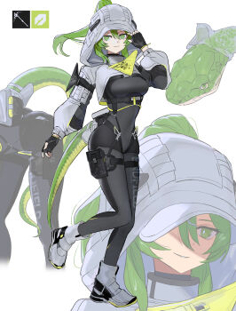 1girl absurdres ankle_boots arknights arknights:_endfield arm_up black_bodysuit black_gloves bodysuit boots breasts bright_pupils closed_mouth clothes_writing commentary_request endfield_industries_logo fingerless_gloves fluorite_(arknights) gloves green_eyes green_hair grey_boots hair_between_eyes highres hood hood_up long_hair long_sleeves looking_at_viewer medium_breasts multiple_views ponytail pouch simple_background smile tail thigh_pouch white_background white_pupils yamamura_saki