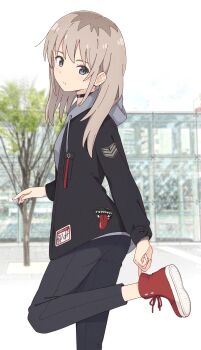 Rule 34 | 1girl, absurdres, adjusting clothes, adjusting shoe, black choker, black jacket, black pants, blush, choker, commentary request, drawstring, ear piercing, foot out of frame, girls band cry, grey eyes, grey hair, grey hoodie, hair between eyes, hair over one eye, highres, hood, hood down, hoodie, jacket, kawaragi momoka, long hair, long sleeves, looking back, mimori (mimori 05), open clothes, open jacket, outdoors, pants, parted lips, piercing, red shoes, shoes, sidelocks, solo, standing, standing on one leg, turning head, white background