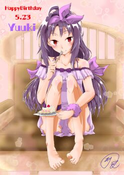 1girl absurdres ahoge alternate_costume bare_shoulders barefoot birthday_date blush breasts cake cake_slice character_name collarbone commentary_request eating feet food fork full_body hair_ribbon happy_birthday heart highres holding holding_food holding_fork holding_plate legs_up light_particles long_hair looking_at_viewer maximum7010 messy_hair nightgown off-shoulder_nightgown pink_background plate purple_hair purple_nightgown purple_ribbon purple_scrunchie red_eyes ribbon scrunchie short_sleeves sidelocks signature sitting small_breasts smile solo split_mouth strawberry_shortcake sword_art_online watermark wrist_scrunchie yuuki_(sao)