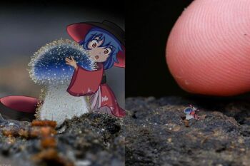 1girl blue_hair bowl bowl_hat hat highres japanese_clothes kimono mini_person minigirl misair0 mushroom photo_(medium) red_kimono sash size_comparison sukuna_shinmyoumaru tiny touhou wide_sleeves zooming_out