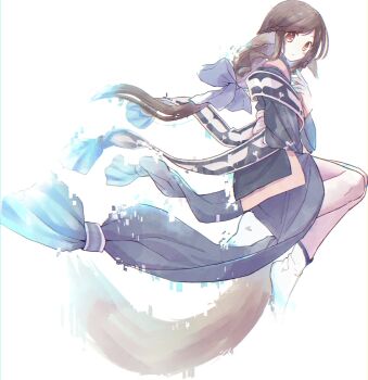 1girl ainu_clothes alternate_costume animal_ears bow braid broom brown_eyes brown_hair chinese_commentary commentary_request dog_ears full_body highres japanese_clothes long_hair long_sleeves looking_at_viewer low-tied_long_hair rulutieh smile solo tail utawarerumono very_long_hair white_background wushi_tu