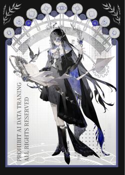 Rule 34 | 1girl, absurdres, bird, black dress, black hair, black halo, black shoes, black socks, book, closed mouth, collarbone, colored skin, dress, full body, gem, grey eyes, halo, high heels, highres, holding, holding quill, kneehighs, long hair, long sleeves, looking at viewer, off-shoulder dress, off shoulder, one eye covered, open book, original, paper, purple gem, quill, shen a fang, shoes, socks, solo, standing, white skin