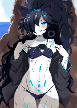 Rule 34 | 1girl, adversarial noise, animal ears, bikini, black bikini, black hairband, blue eyes, blue hairband, blush, body markings, breasts, cat ears, cat girl, chibiharin, dark kasli (nyanko daisensou), day, glowing, gluteal fold, grin, hair over one eye, hairband, highres, kasli (nyanko daisensou), long hair, navel, nose, nyanko daisensou, ocean, off shoulder, open clothes, outdoors, ponytail, rock, sky, small breasts, smile, solo, swimsuit, thigh gap, thighs, undressing, water