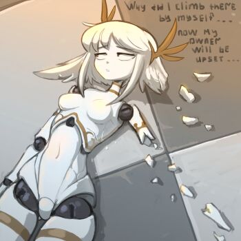 1girl breasts broken completely_nude cowboy_shot doll_joints highres joints looking_to_the_side medium_breasts medium_hair mini_person minigirl navel no_nipples no_pussy nradiowave nude on_floor original porcelain red_eyes shards solo tile_floor tiles white_hair wide_hips