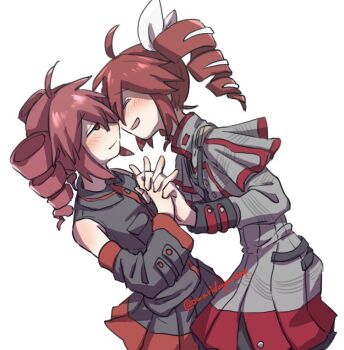 Rule 34 | 2girls, blush, closed mouth, detached sleeves, dress, drill hair, dual persona, grey dress, grey shirt, grey skirt, hato no mune wo momitai, holding hands, interlocked fingers, kasane teto, multiple girls, open mouth, pleated skirt, red eyes, red hair, selfcest, shirt, simple background, skirt, sleeveless, sleeveless shirt, smile, twin drills, utau, white background, yuri