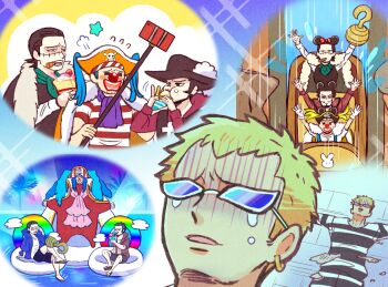 4boys artist_request black_hair blonde_hair blush_stickers buggy_the_clown cape clown clown_nose crocodile_(one_piece) crying disgust disneyland donquixote_doflamingo dracule_mihawk eating expressionless facial_hair frustrated hat highres holding hook hook_hand instrument long_hair looking_at_another manly multiple_boys mustache one_piece pectorals prison_cell red_hair sad scar scar_across_eye scar_on_face selfie selfie_stick shaded_face short_hair smile standing sunglasses tears thinking title very_long_hair violin water weapon what