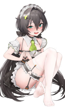 1girl absurdres apron bare_arms bare_shoulders black_bow black_choker black_hair blush bow breasts choker commentary detached_collar detached_sleeves embarrassed goddess_of_victory:_nikke green_eyes hair_bow hair_horns hair_intakes hair_ornament heart heart_hands highres kurone_rinka long_hair looking_at_viewer maid maid_apron maid_headdress no_shoes open_mouth own_hands_together see-through_clothes see-through_thighhighs short_sleeves simple_background sitting smile solo strap sweat thick_thighs thigh_strap thighhighs thighs toes trony_(nikke) trony_(sweet_step)_(nikke) very_long_hair white_background white_thighhighs