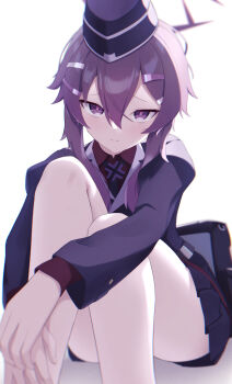 1girl absurdres aimo_wotku backlighting black_hat black_jacket black_necktie black_skirt blue_archive blush closed_mouth collared_shirt commentary convenient_leg feet_out_of_frame film_grain furrowed_brow garrison_cap hair_between_eyes hair_ornament hairclip halo haruka_(blue_archive) hat highres hugging_own_legs jacket juliet_sleeves knees_up long_sleeves looking_at_viewer miniskirt necktie parallel_hairclips pleated_skirt puffy_sleeves purple_eyes purple_hair purple_halo purple_pupils red_shirt school_uniform shirt short_hair_with_long_locks simple_background sitting skirt smile solo spiked_hair thighs tsurime upturned_eyes white_background