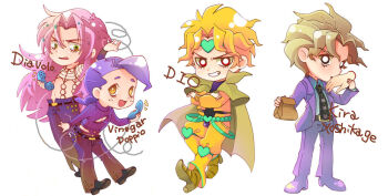 Rule 34 | 4boys, bag, belt, blonde hair, bright pupils, cape, character name, cleavage cutout, clothing cutout, collared shirt, commentary request, crossed arms, diavolo, dio brando, disembodied hand, formal clothes, freckles, full body, green eyes, grin, headband, high heels, holding, holding bag, holding phone, jacket, jojo no kimyou na bouken, kira yoshikage, knee pads, long sleeves, looking at viewer, looking down, looking to the side, looking up, male focus, multiple boys, navel, necktie, open clothes, open jacket, open mouth, pants, paper bag, parted bangs, parted hair, pectoral cleavage, pectorals, phone, pink hair, pointy shoes, ponytail, purple hair, red eyes, shirt, shoes, smile, spotted hair, stardust crusaders, suit, sweater, tamaki (tamakimika), vento aureo, vinegar doppio, wristband, yellow eyes