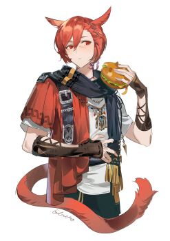 Rule 34 | 1boy, absurdres, animal ears, archon mark, artist name, black pants, black scarf, brown gloves, burger, cat boy, cat ears, cat tail, cropped legs, ershuihe, final fantasy, final fantasy xiv, food, g'raha tia, gloves, hashtag-only commentary, highres, holding, holding burger, holding food, jacket, male focus, miqo'te, neck tattoo, pants, red eyes, red hair, red jacket, scarf, shirt, simple background, solo, tail, tattoo, white background, white shirt