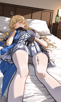 1girl absurdres bed black_gloves blonde_hair blue_sash blush bottle breasts closed_eyes commentary cup drinking_glass drunk english_commentary feet_out_of_frame gloves highres long_hair lying medium_breasts no_headwear on_back on_bed pantyhose parted_lips phoebe_(wuthering_waves) pillow ryeon_(naturesan) sash shirt skirt solo squeans tacet_mark_(wuthering_waves) textless_version white_pantyhose white_shirt white_skirt wine_bottle wuthering_waves