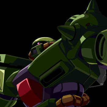 Rule 34 | 1980s (style), 1990s (style), absurdres, cable, commentary request, glint, gundam, gundam 0080, highres, kds (0049), mecha, mecha focus, mobile suit, oldschool, portrait, purple eyes, retro artstyle, robot, science fiction, shoulder spikes, space, spikes, zaku ii, zaku ii fz kai, zeon