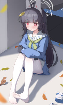 1girl absurdres animal_ears ass autumn_leaves black_gloves black_hair blue_archive blue_serafuku blue_skirt blunt_bangs blurry collarbone commentary_request depth_of_field fake_animal_ears falling_leaves full_body gloves green_neckerchief hairband halo highres hugging_own_legs knees_up leaf leaf_on_head liu_qi_seis long_hair long_sleeves looking_at_viewer miyu_(blue_archive) neckerchief outdoors pantyhose parted_lips pleated_skirt rabbit_ears red_eyes sailor_collar school_uniform serafuku sidelocks sitting skirt solo trash_can white_halo white_pantyhose white_sailor_collar