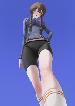1girl absurdres alternate_eye_color amane_suzuha bike_shorts blue_jacket blush braid brown_hair dynamic_pose from_below green_eyes hair_between_eyes hair_tie high_collar highres horizontal-striped_socks jacket koha_2652 long_sleeves looking_at_viewer open_mouth science_adventure smile solo steins;gate tongue track_jacket twin_braids twintails zipper zipper_pull_tab