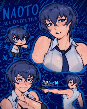 1girl artist_name black_bra blue_hair bra breasts character_name chibi commentary english_commentary hatidraw huge_breasts large_breasts muscular muscular_female persona persona_4 persona_4_the_golden shirogane_naoto short_hair signature solo tomboy underwear