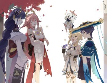 1boy 4girls absurdres animal_ears animal_print arm_at_side arms_behind_back bare_shoulders belt bird_print black_belt black_bow black_bridal_gauntlets black_gloves black_scarf black_shorts blonde_hair blue_cape blue_eyes blue_hat blue_trim blunt_bangs bow braid breasts bridal_gauntlets bright_pupils brown_eyes butterfly_hair_ornament cape chinese_knot cleavage closed_eyes closed_mouth clothing_cutout commentary crossed_arms detached_sleeves diamond_hair_ornament dress earrings empty_eyes english_commentary eyelashes eyeliner eyeshadow facing_another fan_hair_ornament fang feather_hair_ornament feathers fingerless_gloves floating flower fox_ears furisode genshin_impact gloves gold gold_earrings gold_trim grey_shrug hair_flower hair_ornament hakama hakama_shorts halo halterneck hand_on_own_arm hand_up hands_up hat highres hip_vent holding japanese_clothes jewelry jingasa kimono lantern large_breasts leaf levitation long_hair long_sleeves looking_at_another low-braided_long_hair low-tied_long_hair lumine_(genshin_impact) makeup maple_leaf maple_tree mechanical_halo medium_breasts mitsudomoe_(shape) mole mole_under_eye multicolored_hair multiple_girls nee_madiiiii nontraditional_miko notice_lines obi obiage obijime off_shoulder open_mouth outdoors paimon_(genshin_impact) parted_lips pink_hair pink_nails pink_pupils pink_sleeves pleated_shorts purple_eyes purple_kimono purple_rope purple_sash raiden_shogun red_eyeliner red_eyeshadow romper rope sash scaramouche_(genshin_impact) scarf short_hair short_hair_with_long_locks shorts shrug_(clothing) sidelocks sideways_mouth single_thighhigh smile standing streaked_hair sweatdrop tassel tassel_hair_ornament teeth thighhighs ticket tomoe_(symbol) tree tsurime twitter_username upper_teeth_only wanderer_(genshin_impact) white_background white_dress white_feathers white_hair white_kimono white_mouth white_pupils white_romper white_scarf white_sleeves white_thighhighs white_trim wide_sleeves yae_miko yellow_halo