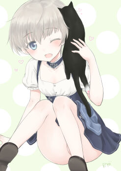 1girl animal animal_on_shoulder black_cat black_footwear black_fur blue_eyes blue_skirt blush breasts cat choker cross green_background heart kantai_collection looking_at_viewer one_eye_closed open_mouth ozaki_mirai panties pantyshot pink_panties polka_dot polka_dot_background shirt shoes short_hair short_sleeves silver_hair sitting skirt small_breasts smile underwear unsinkable_sam white_shirt wink z1_leberecht_maass_(kancolle) z1_leberecht_maass_(oktoberfest)_(kancolle)