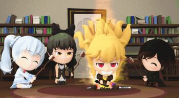 3d 4girls angry animated animated_gif black_hair blake_belladonna blonde_hair cape chibi fire food marshmallow multiple_girls ruby_rose rwby rwby_chibi weiss_schnee yang_xiao_long