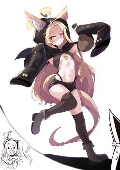 2girls absurdres animal animal_ears animal_on_head aris_(blue_archive) armpits bag bird bird_on_head black_hood black_shorts black_sleeves black_socks blonde_hair blue_archive boots bow breasts closed_mouth denim denim_shorts detached_sleeves ears_through_headwear fox_ears fox_girl fox_tail grey_boots halo halterneck highres holding holding_bag hood hood_up image_in_thought_bubble imagining jewelry loli long_hair looking_to_the_side multiple_girls navel necklace on_head orange_eyes over-kneehighs pointing revealing_clothes seia_(blue_archive) shaded_face shorts singwee sleeves_past_fingers sleeves_past_wrists sling_bikini_top small_breasts socks speech_bubble stomach tail tail_bow tail_ornament thighhighs thighs thought_bubble underboob very_long_hair white_bird yellow_bow