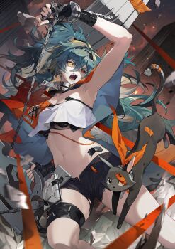 1girl absurdres arm_up armpits black_cat black_gloves black_shorts blue_hair breasts cape cat chain cihui_(xinyue_tongxing) cleavage feet_out_of_frame fingerless_gloves gloves highres holding holding_chain knee_up long_hair looking_at_viewer navel neuti open_mouth orange_cape short_shorts shorts solo strapless teeth tube_top v-shaped_eyebrows very_long_hair white_tube_top xinyue_tongxing yellow_eyes