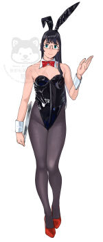 1girl absurdres animal_ear_hairband animal_ears artist_logo black_hair black_leotard black_pantyhose bow bowtie dated detached_collar fake_animal_ears full_body green_eyes hairband high_heels highres kantai_collection leotard logo long_hair ojipon ooyodo_(kancolle) pantyhose playboy_bunny rabbit_ears rabbit_tail red_bow red_bowtie red_shoes see-through_strap shoes simple_background solo strapless strapless_leotard tail tray white_background wrist_cuffs