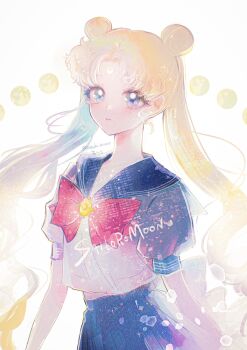 Rule 34 | 1girl, bishoujo senshi sailor moon, blonde hair, blue eyes, blue sailor collar, bow, choker, commentary, crescent, crescent facial mark, dolcexxx, double bun, facial mark, forehead mark, hair bun, hair ornament, highres, long hair, moon, red bow, red choker, sailor collar, simple background, solo, symbol-only commentary, tsukino usagi, twintails, white background
