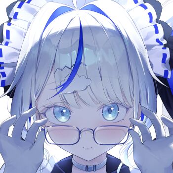 Rule 34 | 1girl, adjusting eyewear, ahoge, aokumo rin, belt collar, blue-framed eyewear, blue eyes, blue streaks, choker, closed mouth, cloud hair ornament, clrawing, collar, commentary request, glasses, grey hair, hair intakes, hands up, highres, korean commentary, light blush, looking at viewer, maid headdress, multicolored hair, parted bangs, portrait, rectangular eyewear, short hair, simple background, smile, solo, stellive, streaked hair, virtual youtuber, white background, white choker, white collar