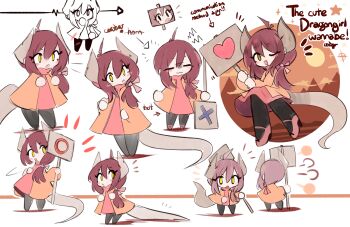 1girl :o :s =_= arrow_(symbol) artist_self-insert black_pants bow brown_sky cardboard ceroro ceroro_(character) commentary desert double-parted_bangs dragon_horns dragon_tail english_commentary english_text fake_horns fake_tail hair_between_eyes heart highres holding holding_sign horns jacket long_hair low-tied_long_hair motion_lines mountain multiple_views notice_lines one_eye_closed open_mouth orange_jacket original pants pink_bow pink_shirt pink_shoes puff_of_air reference_sheet shirt shoes sign simple_background skipping smile sparkle star_(symbol) sun tail white_background yellow_eyes