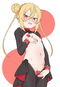 1girl absurdres aged_down angelica_rapha_redgrave black_pantyhose blonde_hair blush breasts cameltoe covered_erect_nipples crotchless crotchless_pantyhose double_bun female_focus frown hair_bun heart_maebari heart_pasties highres loli long_sleeves looking_at_viewer maebari navel otome_game_sekai_wa_mob_ni_kibishii_sekai_desu pantyhose pasties red_eyes shrug_(clothing) simple_background small_breasts stomach tooteki twintails white_background