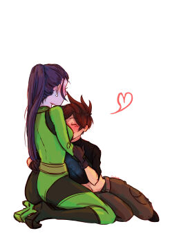 2girls ass baggy_pants belt blush bodysuit breasts brown_hair colored_skin courtaine crop_top cuddling earrings heart high_heels jewelry kim_possible kim_possible_(cosplay) kim_possible_(series) kneeling multicolored_bodysuit multiple_girls overwatch overwatch_1 pants ponytail purple_hair purple_skin shego shego_(cosplay) spiked_hair tracer_(overwatch) white_background widowmaker_(overwatch) yuri