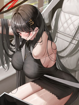 1girl absurdres alternate_costume bare_shoulders between_breasts black_dress black_hair blue_archive breasts bright_pupils car_interior commentary dress earrings goonsso hair_behind_ear hair_ornament hairclip halo highres huge_breasts jewelry long_hair multicolored_halo necklace open_mouth red_eyes ringed_eyes rio_(blue_archive) seatbelt_between_breasts short_dress sideboob sleeveless sleeveless_dress solo thighs two-tone_halo untranslatable_commentary very_long_hair white_pupils