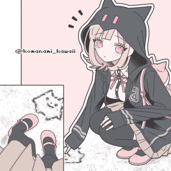 1girl :o animal_bag breasts brown_hair brown_skirt cat_bag collared_shirt danganronpa_(series) danganronpa_2:_goodbye_despair flipped_hair hair_ornament hood jacket komanami_kawaii long_sleeves looking_at_viewer medium_hair nanami_chiaki neck_ribbon open_clothes open_jacket pink_bag pink_eyes pink_ribbon pink_shoes pleated_skirt ribbon shirt shoes skirt smile thighhighs two-tone_shirt white_shirt