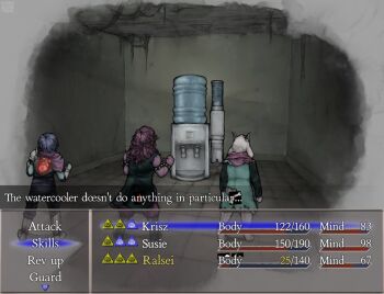 1boy 1girl 1other androgynous animal_ears armlet armor blue_hair blue_skin bracelet cape clenched_hands colored_skin deltarune dialogue_box english_text fake_screenshot fear_&amp;_hunger_(series) fear_&amp;_hunger_1 from_behind full_body furry furry_female furry_male gameplay_mechanics gauntlets gloves goat_boy goat_ears greaves health_bar heart_(organ) horns indoors jewelry kasugmond kris_(dark_world)_(deltarune) kris_(deltarune) pants parody pink_scarf purple_skin ralsei scarf short_hair shoulder_guard spiked_armlet spiked_bracelet spikes standing style_parody susie_(dark_world)_(deltarune) susie_(deltarune) tile_floor tiles user_interface utdr_(toby_fox) water_cooler