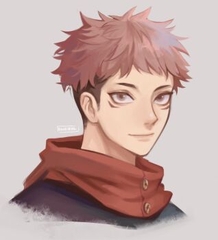 1boy artist_name black_hair black_shirt closed_mouth cropped_shoulders facial_mark grey_eyes highres itadori_yuuji jujutsu_kaisen kookirani looking_at_viewer male_focus multicolored_hair pink_hair portrait red_scarf sanpaku scarf shirt smile solo two-tone_hair